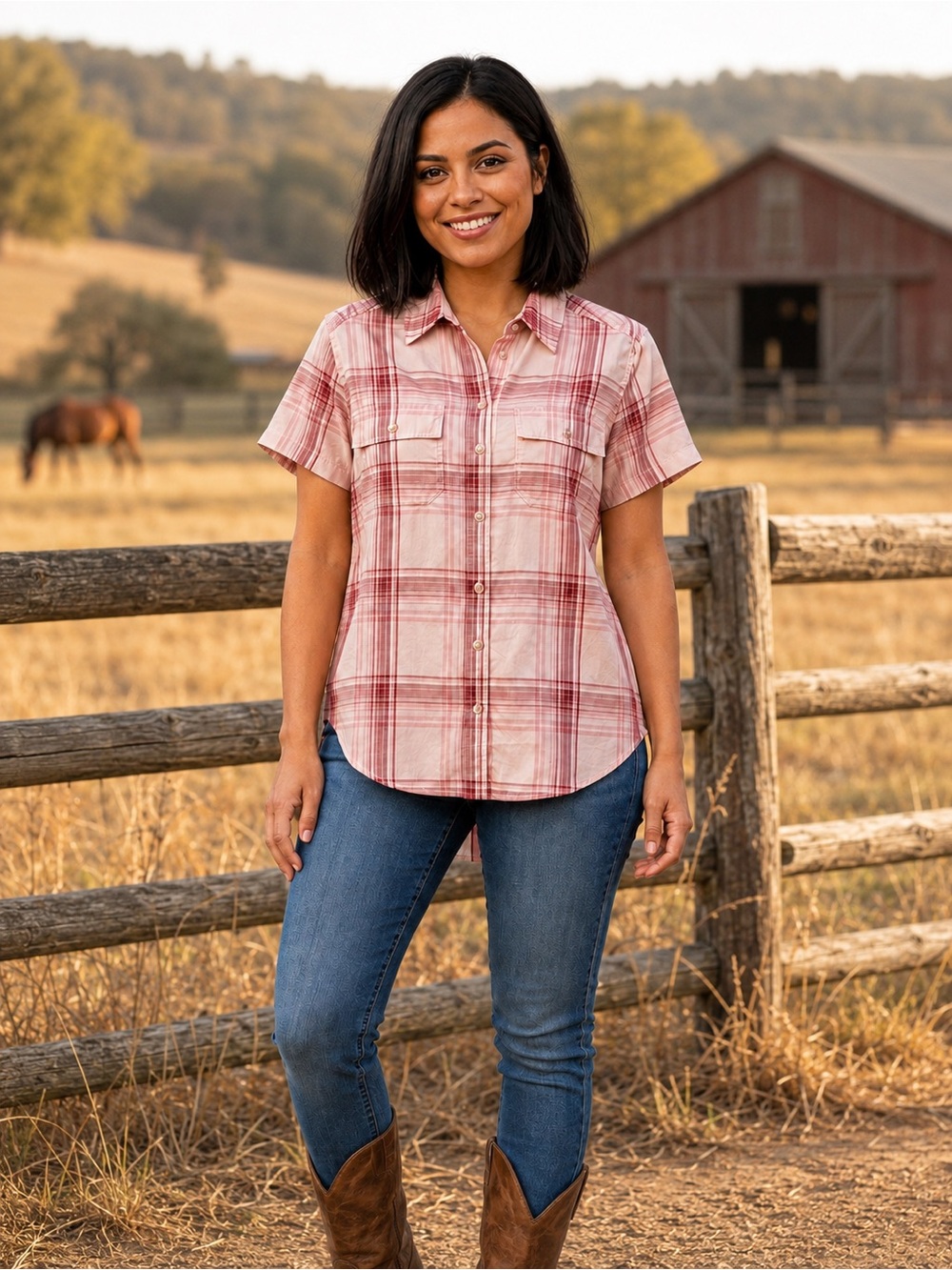 NWT Eddie Bauer Pink Plaid Short-Sleeve Button-Down Shirt Size XS